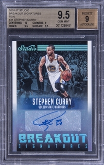 2016-17 Studio Breakout Signatures Teal #34 Stephen Curry Signed Card (#12/15) - BGS GEM MINT 9.5/BGS 9
